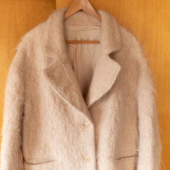 H&M Wool Alpaca Mohair Poly Blend Fuzzy Baby Pink Pocketed Teddy Coat women 10 - Picture 3 of 15